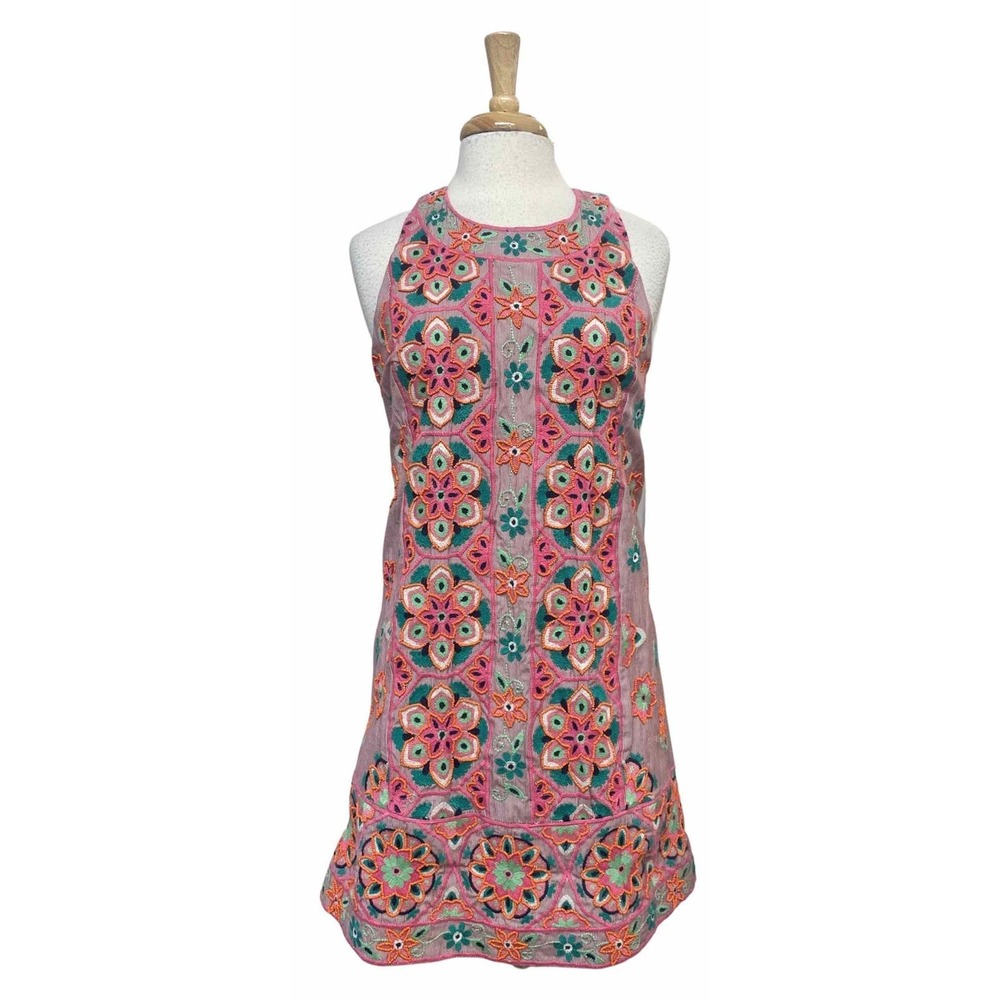 ANTHROPOLOGIE EMBROIDERED APPLIQUE PINK/GREEN SHIFT DRESS SIZE 2